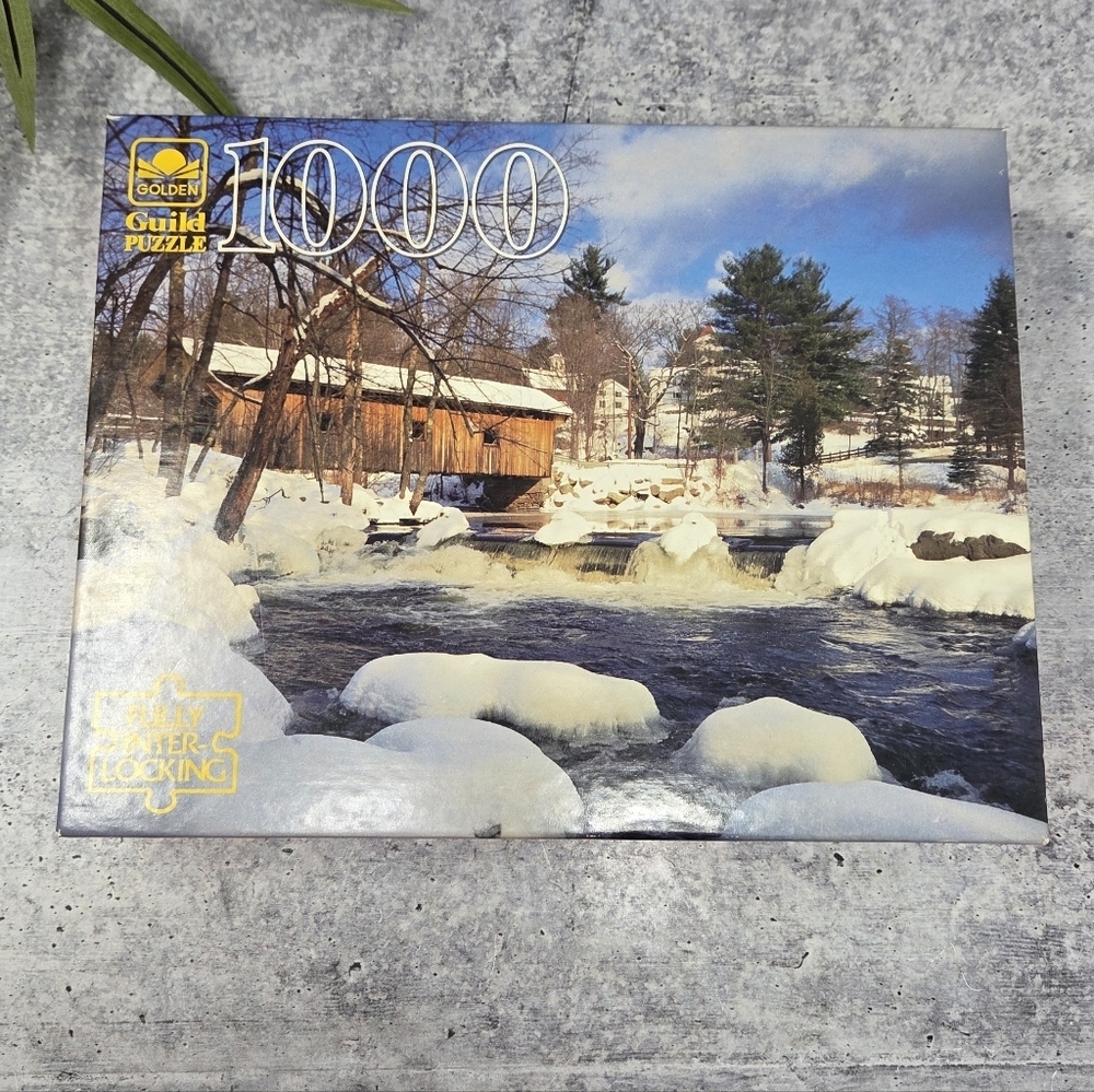 90s Vintage Golden Guild 1000 Piece Puzzle Covered Bridge in Winter